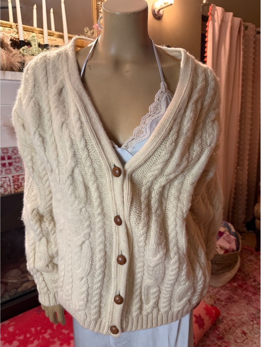 Vintage 80s Lands End 100% Blue faced Leicaster Wool Aran Cable knit Fisherman